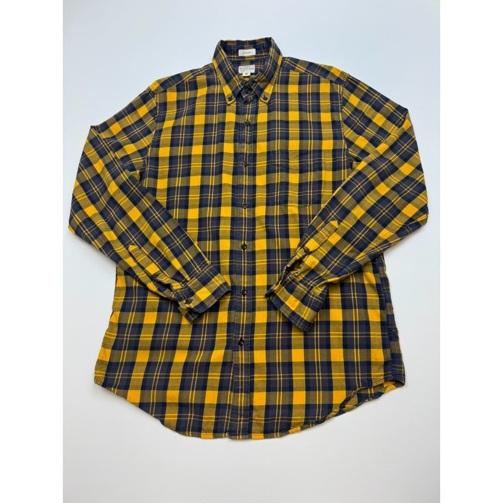 J Crew Medium Classic Fit Brushed Twill Flannel Shirt Navy Yellow Plaid Cotton